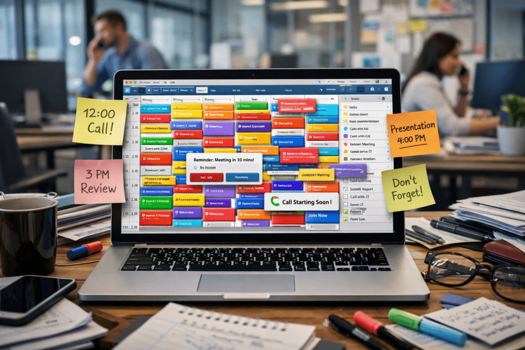 Überfüllter-digitaler-Kalender-auf-Laptop-mit-dicht-getakteten-Meetings-in-moderner-Büroumgebung