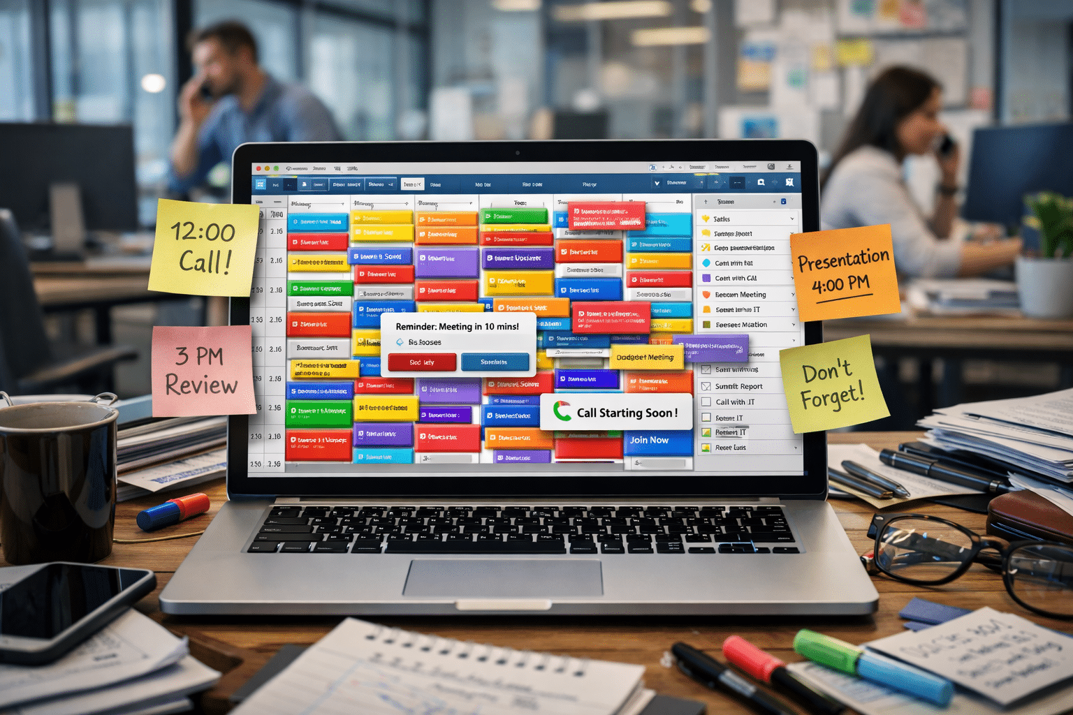 Überfüllter-digitaler-Kalender-auf-Laptop-mit-dicht-getakteten-Meetings-in-moderner-Büroumgebung