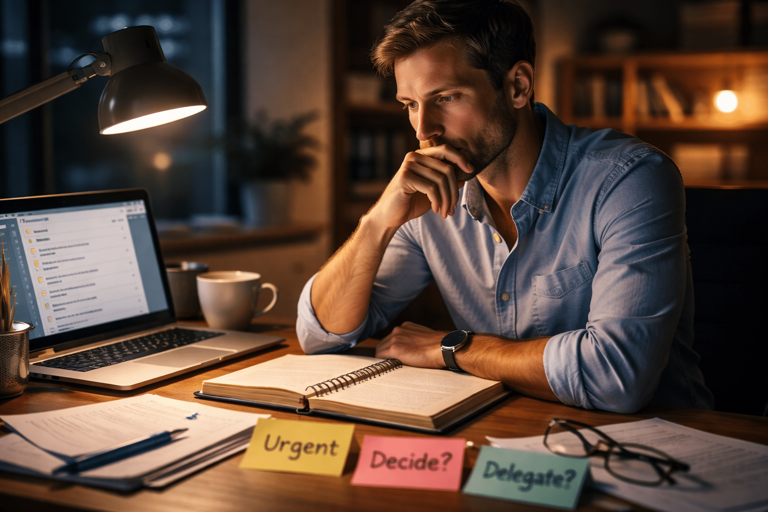 Person-sitzt-abends-am-Schreibtisch-in-Entscheidungssituation-mit-Fokus-auf-Priorisierung-und-ruhiger-Lichtstimmung