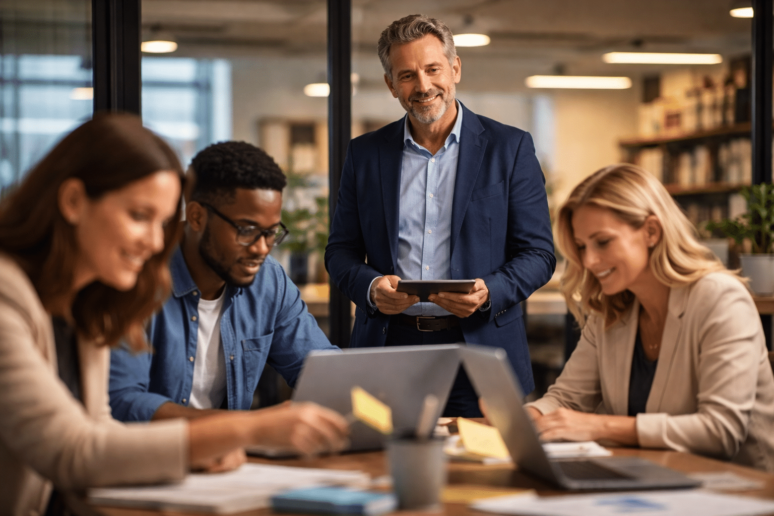 Führungskraft-im-Hintergrund-beobachtet-und-unterstützt-aktiv-arbeitetes-Team-mit-Fokus-auf-Ermöglichung-statt-Selbstdarstellung