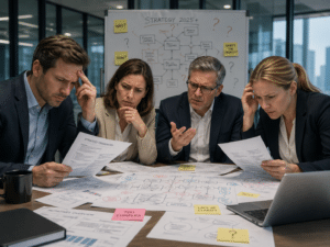 Business team looking confused at complex strategy documents, lack of clarity, corporate setting