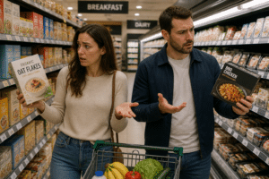 Couple confused in supermarket looking at different food options, illustrating miscommunication in everyday life